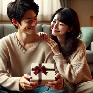 リビングルームで、カップルがお互いに微笑みながら感謝の気持ちを伝え合っている様子。手に小さなプレゼントを持つ。