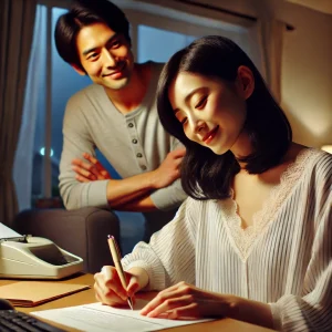 カップルの一人がデスクで手紙を書いている様子。隣には微笑んで見守るパートナーがいる。温かな雰囲気が伝わる場面。