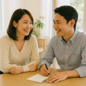 明るいカフェのテーブルでメモを前に穏やかに話す日本人カップル、