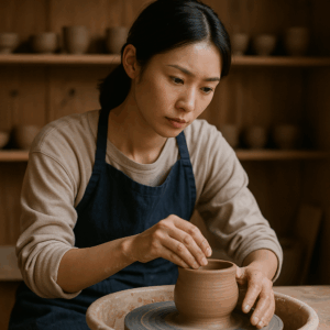 陶芸工房でろくろを回し、集中した表情を見せる日本人女性。