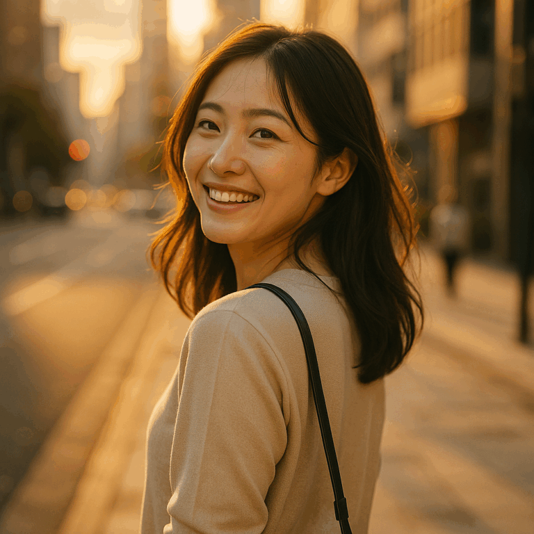 笑顔で振り返る日本人女性。都会の街角で夕陽を浴びて輝く自然体の姿。