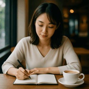 カフェでコーヒーを前にノートを開き、自分の世界に浸る日本人女性。
