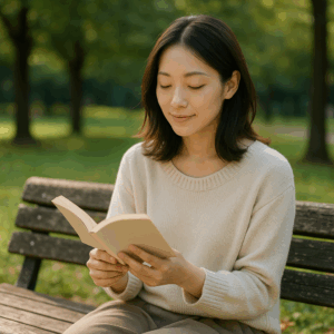 かな公園のベンチで本を読みながら穏やかに過ごす日本人女性。