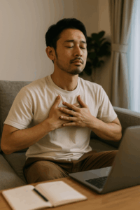 深呼吸してソファに座り直す男性