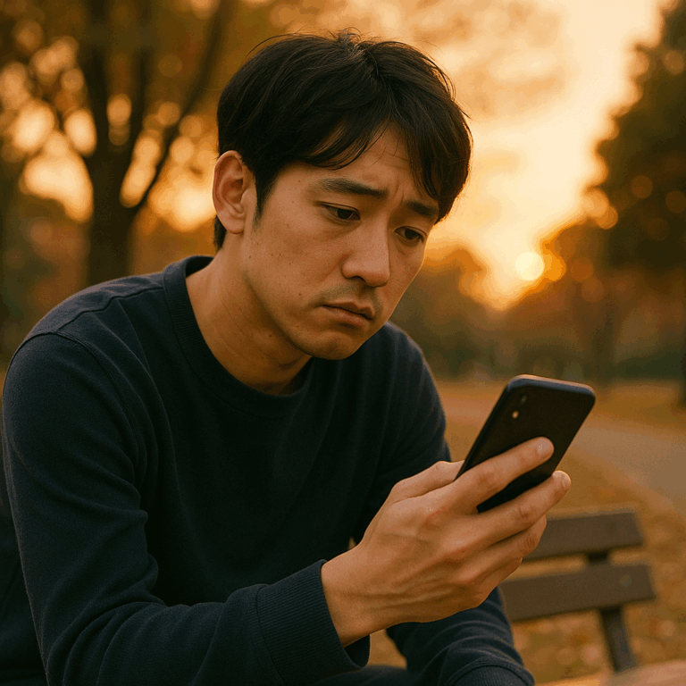 夕闇の公園でスマホを見つめる男性