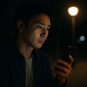 夜の街灯の下でスマホを見つめる男性の横顔