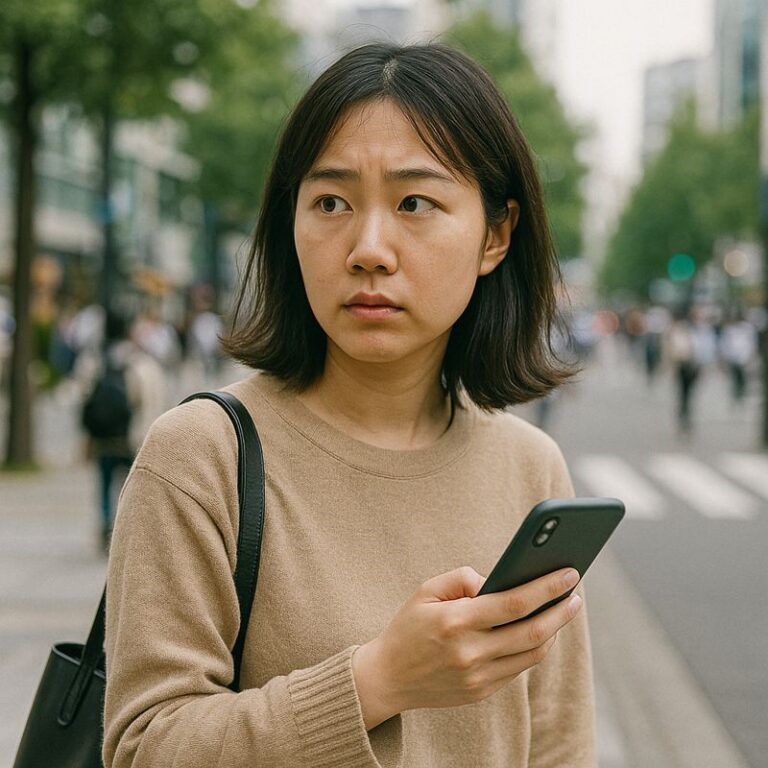 人通りの多い昼間の屋外で、初対面の不安を抱えつつ待ち合わせ場所を確認する日本人女性の写真風イメージ