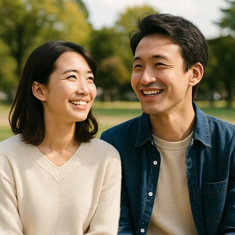 公園のベンチで未来に希望を持って微笑み合う日本人カップルの写真風イメージ