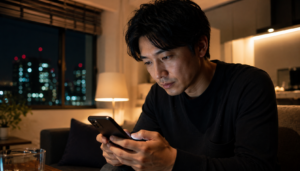 マッチングアプリの通知を確認しながら恋活を進める日本人男性